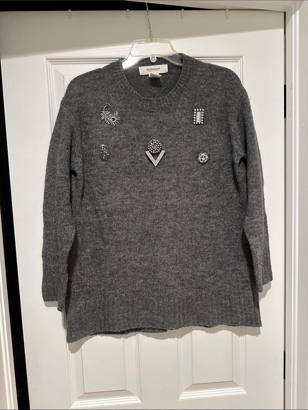 Workshop Republic Clothing Charcoal Gray Jeweled Crewneck Sweater